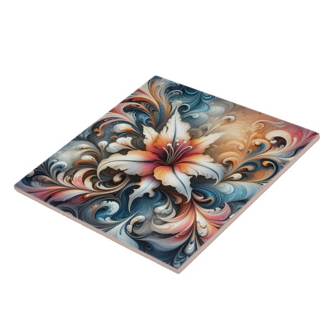 Colourful Swirling Floral Design With Lily Ceramic Tile (Side)
