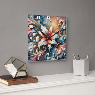 Colourful Swirling Floral Design With Lily Square Wall Clock