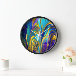 Colourful Swirls Abstract, blue gold purple Clock