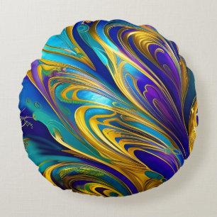 Colourful Swirls Abstract, blue gold purple Round Cushion