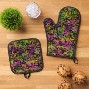 Colourful Swirls of Pink Green and Yellow on Black Oven Mitt & Pot Holder Set