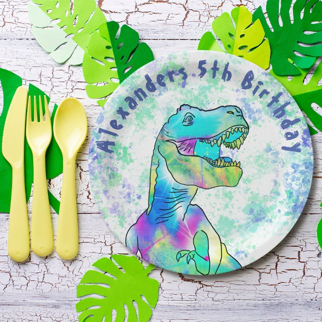 Colourful T-Rex Dinosaur 5th Birthday Party  Paper Plate (T-Rex dinosaur 5th birthday party personalized name paper plate colorful Tyrannosaurus watercolor)