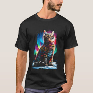 Colourful Tabby Cat Aurora Borealis Winter Forest T-Shirt