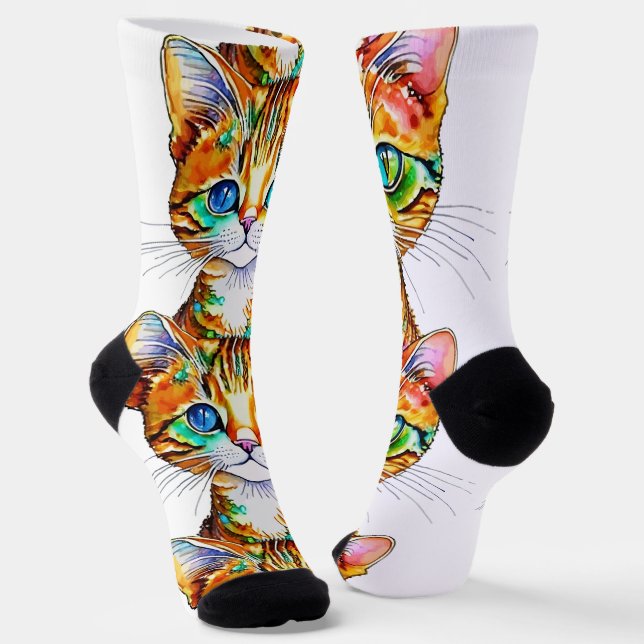 Colourful Tabby Kitty Socks (Angled)