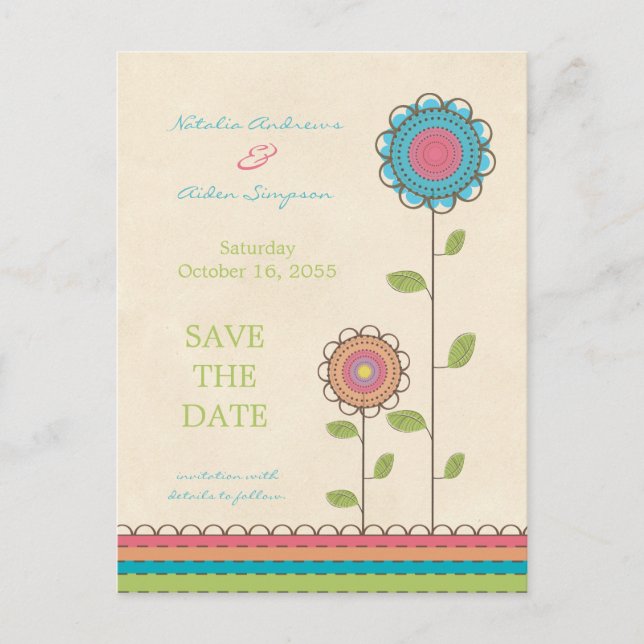 Colourful Tall Flowers Save the Date Postcard (Front)