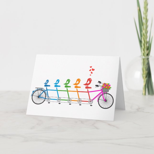 colourful tandem bicycle with cute birds family card (Front)