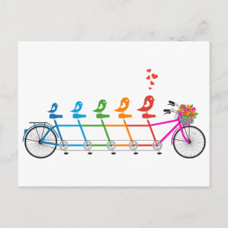 colourful tandem bicycle with cute birds family postcard