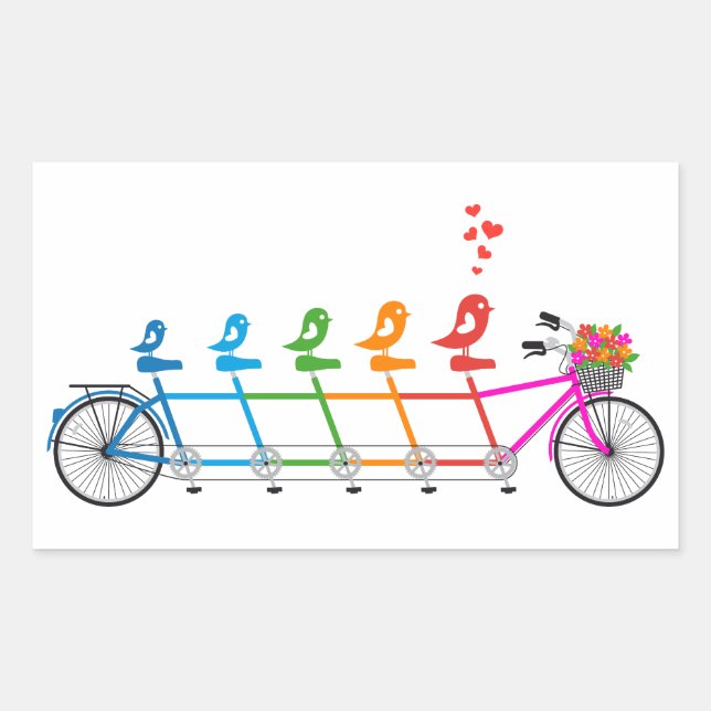 colourful tandem bicycle with cute birds family rectangular sticker (Front)
