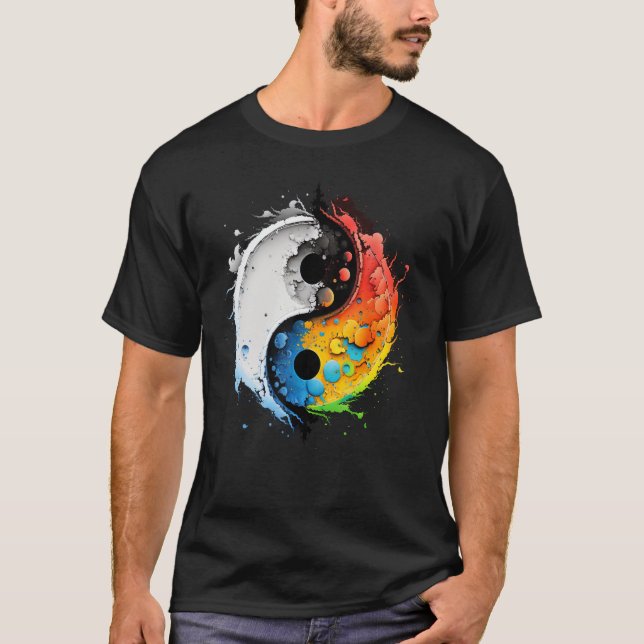 Colourful Taoism Yin Yang Splash on Zen Taijitu Yi T-Shirt (Front)