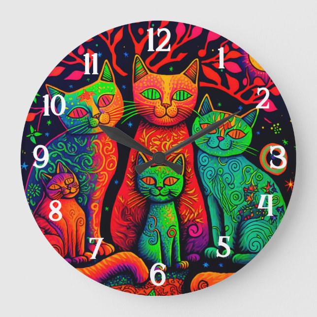 Colourful Tapestry Cats Kittens Large Clock (Front)