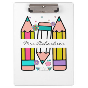 Colourful teacher name pencil cartoon  clipboard