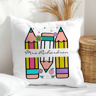 Colourful teacher name pencil cartoon  cushion