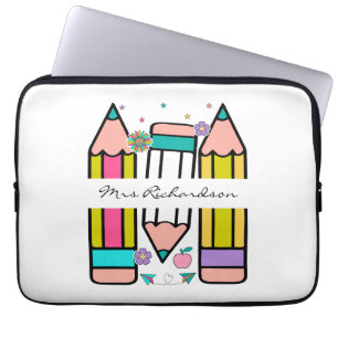 Colourful teacher name pencil cartoon laptop sleeve