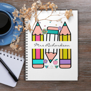 Colourful teacher name pencil cartoon notebook