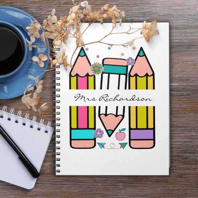 Colourful teacher name pencil cartoon  notebook (Creator Uploaded)
