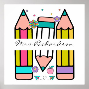 Colourful teacher name pencil cartoon  poster