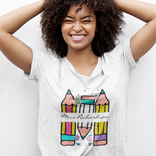 Colourful teacher name pencil cartoon t-shirt