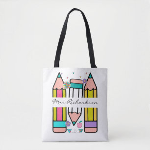 Colourful teacher name pencil cartoon tote bag