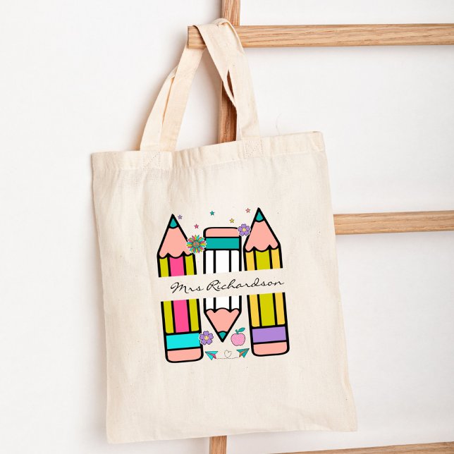 Colourful teacher name pencil cartoon  tote bag (Creator Uploaded)