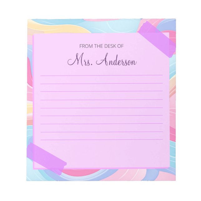 Colourful Teacher Name Rainbow Pastel Waves Notepad (Front)