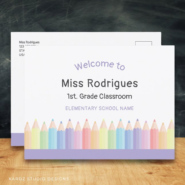 Colourful Teacher Welcome Back School Postcard (Edit the grade, name, and school. Add your info and message on the back.)
