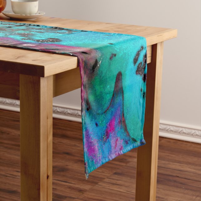 Colourful Teal Abstract Painting Short Table Runner (In Situ)
