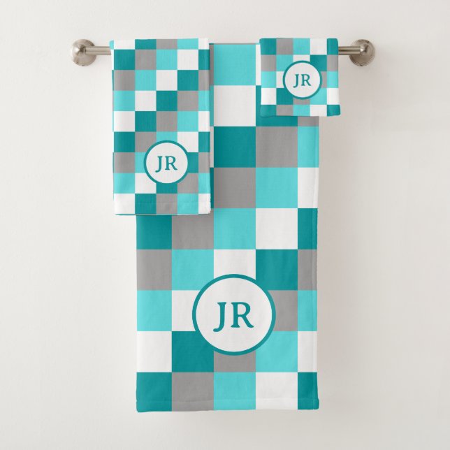 Colourful Teal and Aqua Chequered Matching Monogra Bath Towel Set (Insitu)