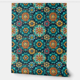 Colourful teal Modern Boho Watercolor  Wallpaper