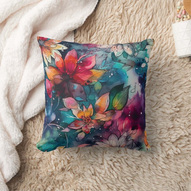 Colourful Teal Orange Blue Purple Watercolor Flowe Cushion (Blanket)