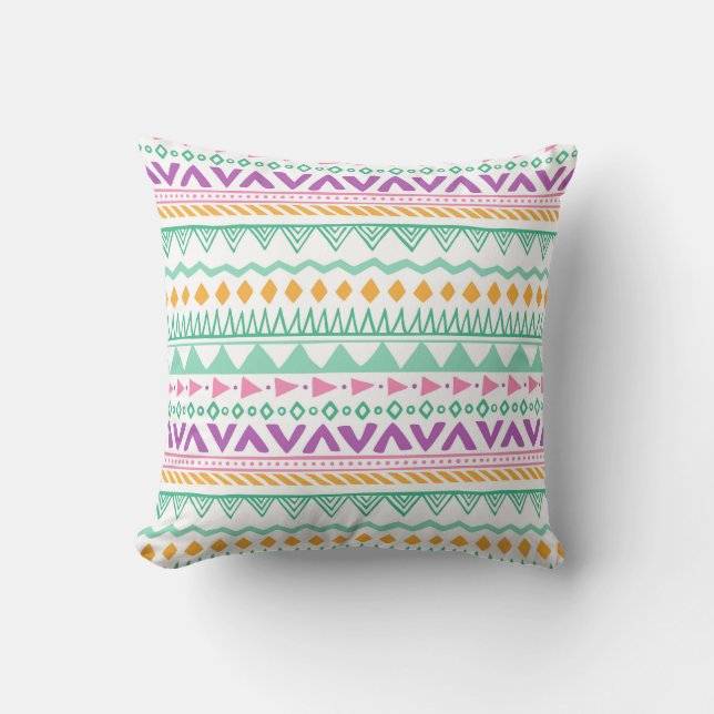 Colourful Teal Yellow Pink Purple Boho Tribal Cushion (Front)