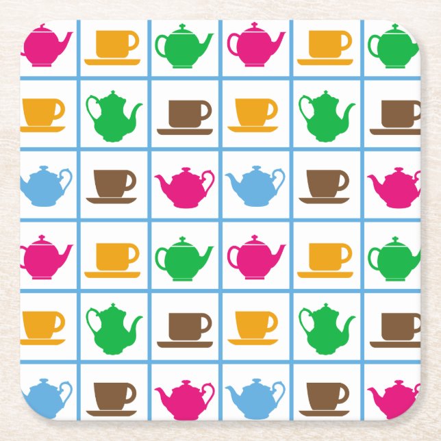 Colourful teapots pattern square paper coaster (Front)