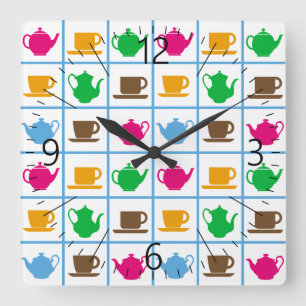 Colourful teapots pattern square wall clock