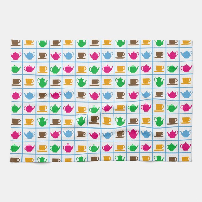 Colourful teapots pattern tea towel (Horizontal)