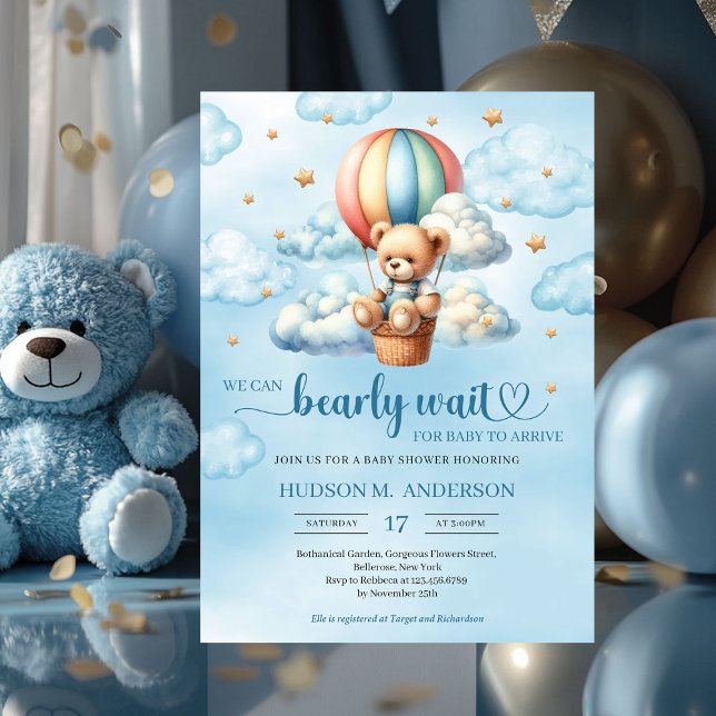Colourful teddy bear bearly wait Boy Baby Shower Invitation (we can bearly wait boy baby shower invitation with teddy bear)