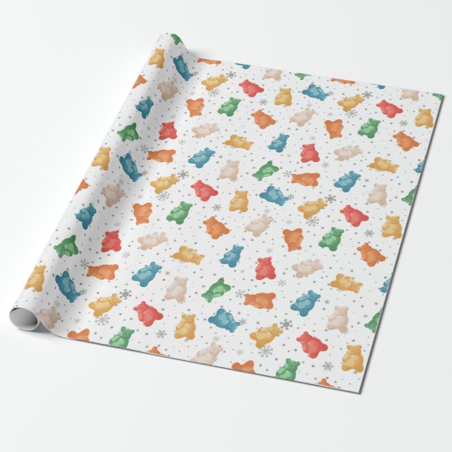 Colourful Teddy Bears and Snowflakes Wrapping Pape Wrapping Paper (Unrolled)