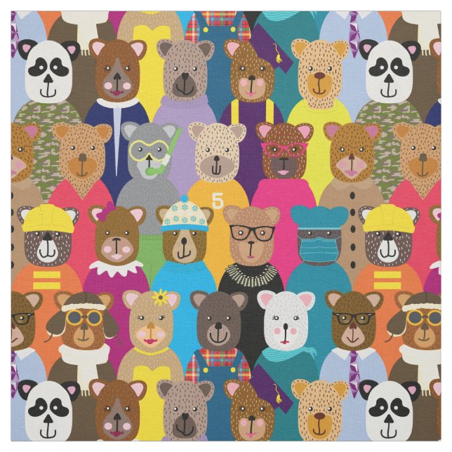 Colourful Teddy Bears with Many Professions Fabric (Swatch)