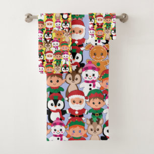 Colourful Teddy Christmas with Many Professions Bath Towel Set