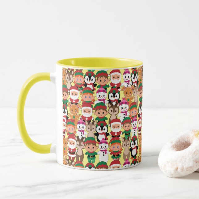 Colourful Teddy Christmas with Many Professions  Mug (With Donut)