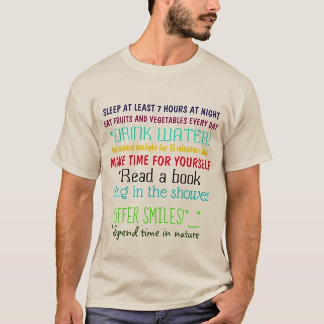 Colourful TEN COMMANDMENTS OF HEALTH Print Fun T-Shirt (Front)