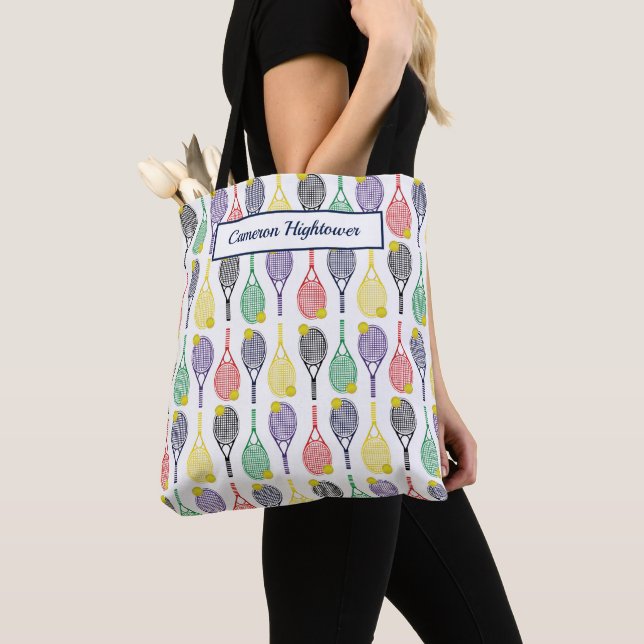Colourful Tennis Racquet Ball Pattern Name  Tote B Bag (Close Up)