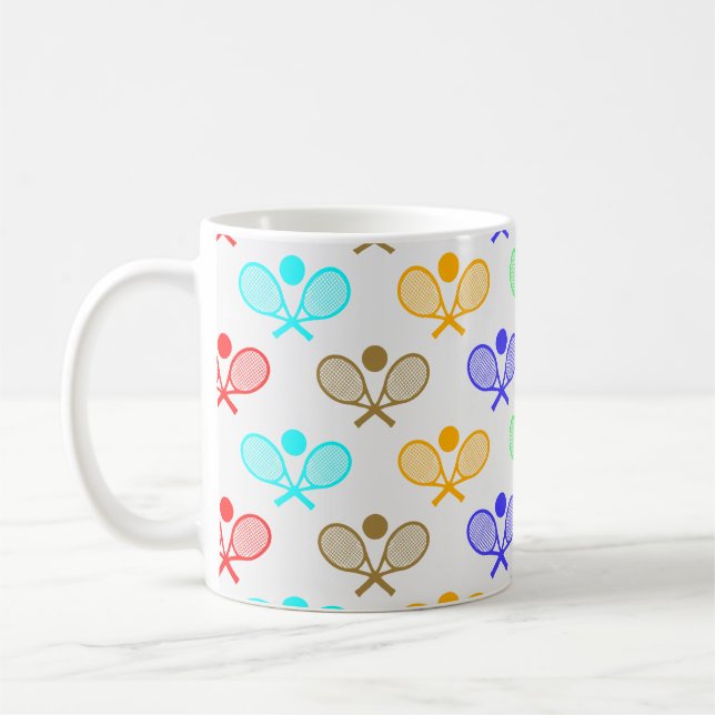Colourful Tennis Seamless Pattern - Racket and Bal Coffee Mug (Left)