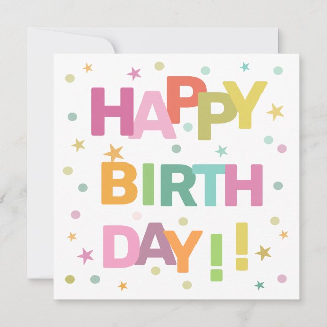 Colourful Text Confetti and Stars Happy Birthday Card (Front)