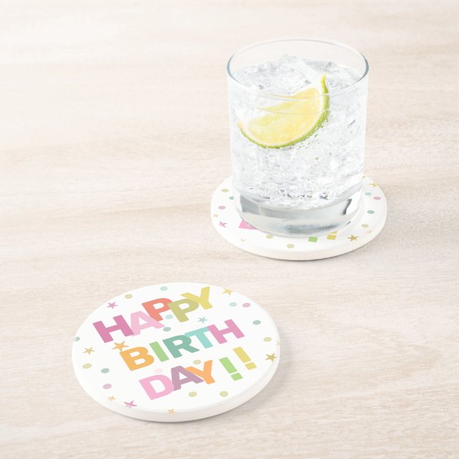 Colourful Text Confetti and Stars Happy Birthday   Coaster (Side)