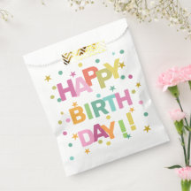 Colourful Text Confetti and Stars Happy Birthday