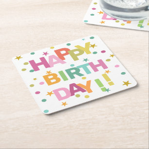 Colourful Text Confetti and Stars Happy Birthday  Square Paper Coaster
