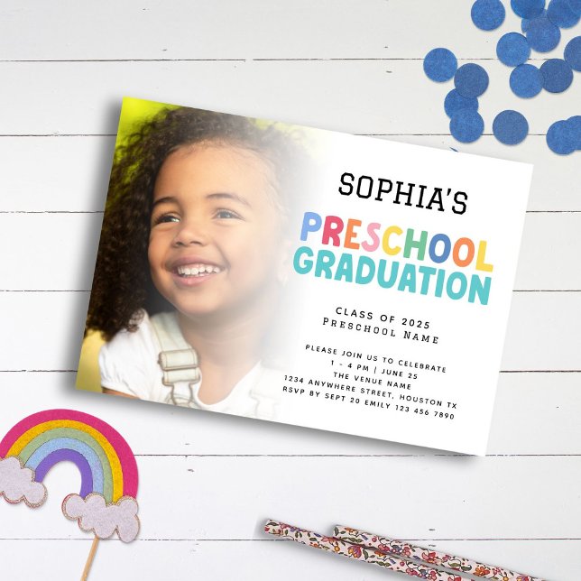 Colourful Text Photo Overlay Preschool Graduation  Invitation (front view)
