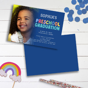 Colourful Text Photo Preschool Graduation Blue Invitation