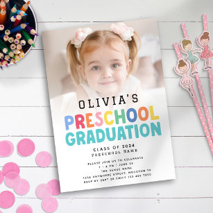 Colourful Text Photo Preschool Graduation  Invitation