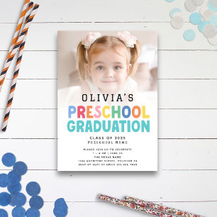 Colourful Text Photo Preschool Graduation  Invitation