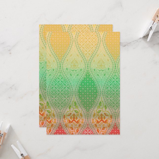 Colourful textile design featuring intricate flora invitation (Front/Back In Situ)